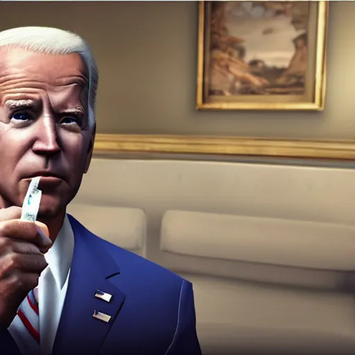 Image similar to joe biden smoking a joint, gta artstyle, wide shot, dramatic lighting, octane render, hyperrealistic, high quality, highly detailed, HD, beautiful, cinematic, 8k, unreal engine, facial accuracy, anatomical accuracy, symmetrical