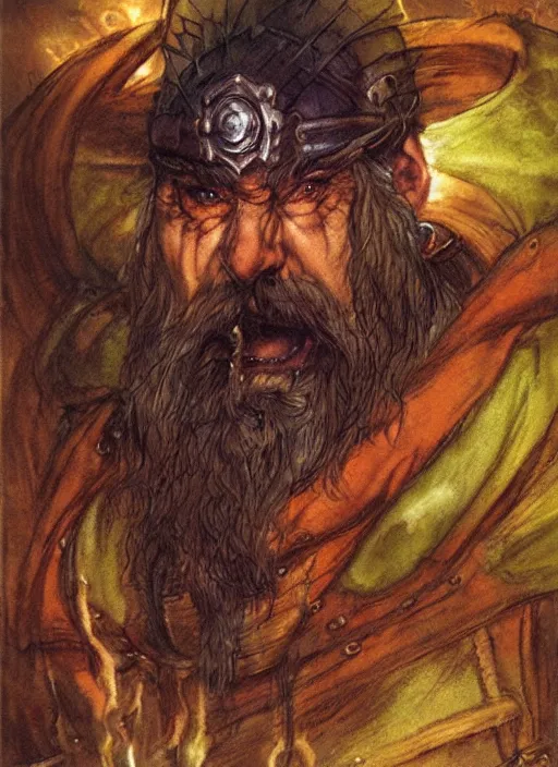 Image similar to portrait of dwarf sorcerer, beautiful! coherent! dungeons and dragons character, by brian froud, larry elmore, gerald brom, ralph horsley, wayne reynolds, strong line, deep color, chainmail, short red hair, high contrast