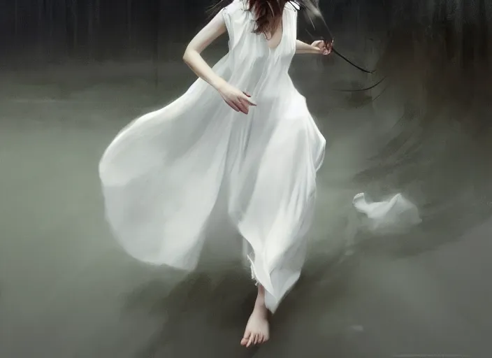 Image similar to white dress girl chasing from grim reaper, messy hair, scared face, dramatic situation, specular reflection, occlusion shadow, by ilya kuvshinov and jeremy lipking and quentin mabille