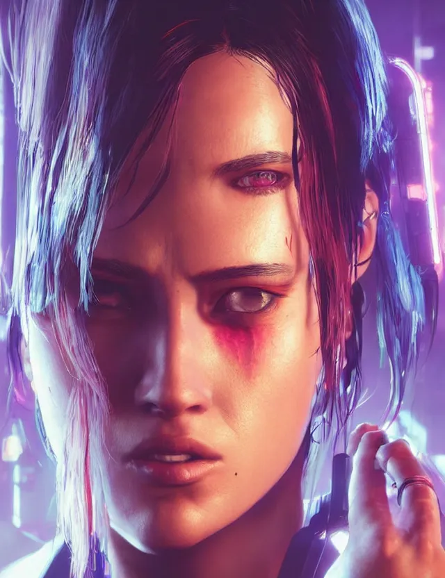 Image similar to close face portrait of a young female waitress as cyberpunk 2 0 7 7 concept art, art by ryo shiotani and greg rutkowski, intricate, beautiful, cute, cinematic lighting, vintage art by serge ivanoff, high resolution, very detailed