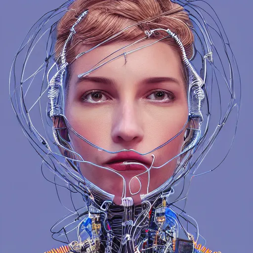 Prompt: a beautiful head of a pilot woman partially made of wires and circuits, an ultrafine detailed illustration by james jean, final fantasy, intricate linework, bright colors, behance contest winner, vanitas, angular, altermodern, unreal engine 5 highly rendered, global illumination, radiant light, detailed and intricate environment