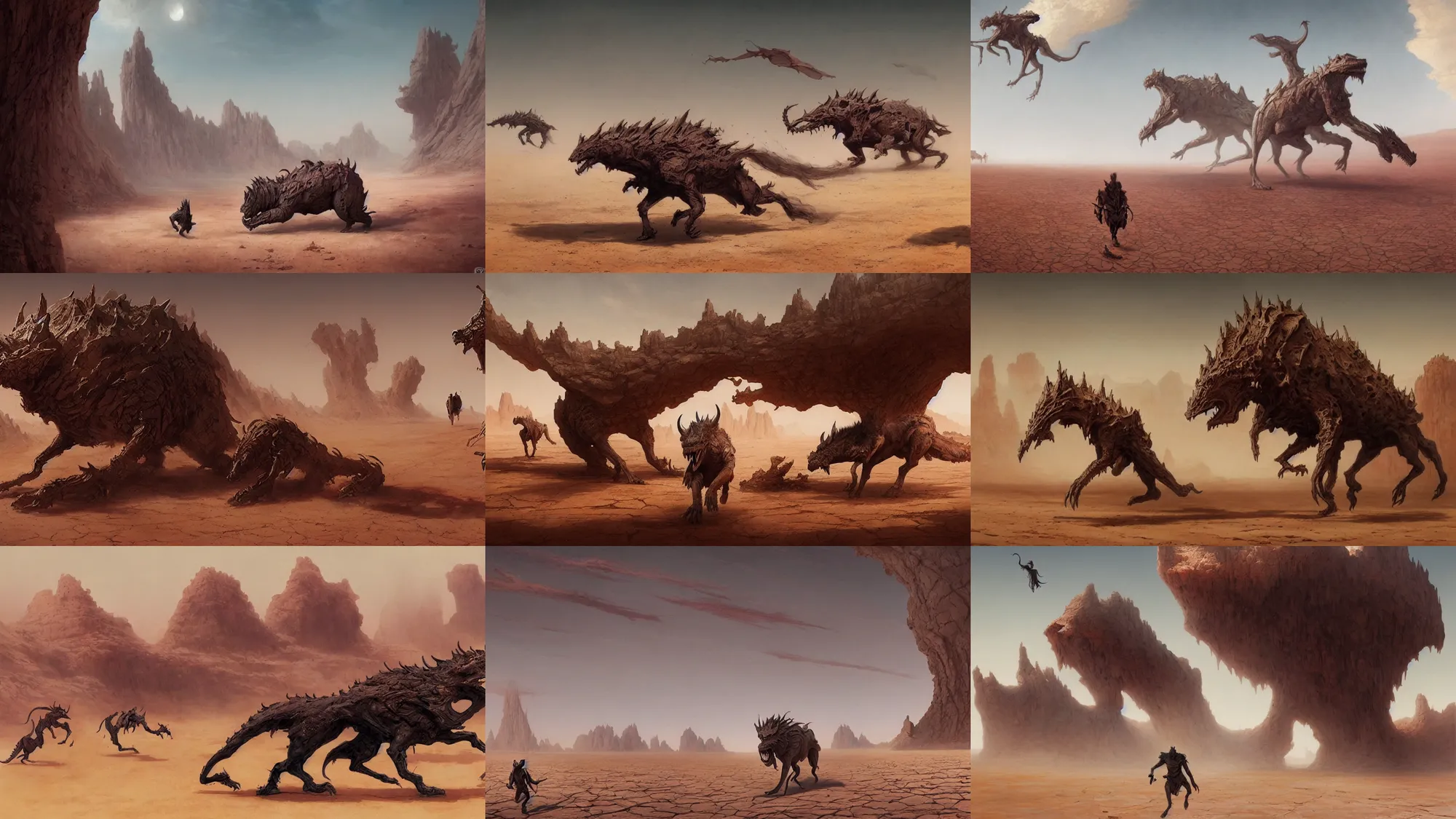 Prompt: beast running across the empty desert sand, karst landscape, wide shot, fantasy concept art by greg rutkowski and wayne barlowe