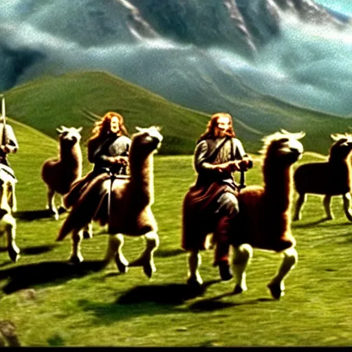 Image similar to still from lord of the rings showing the ride of the rohirrim, riding toward minas tirith on alpacas