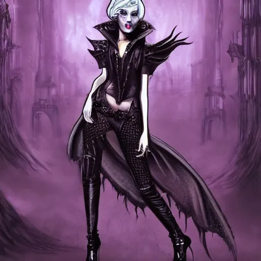 Image similar to gothic lady gaga character art, epic background, epic composition, hdr, full body gauche painting, arcane art style