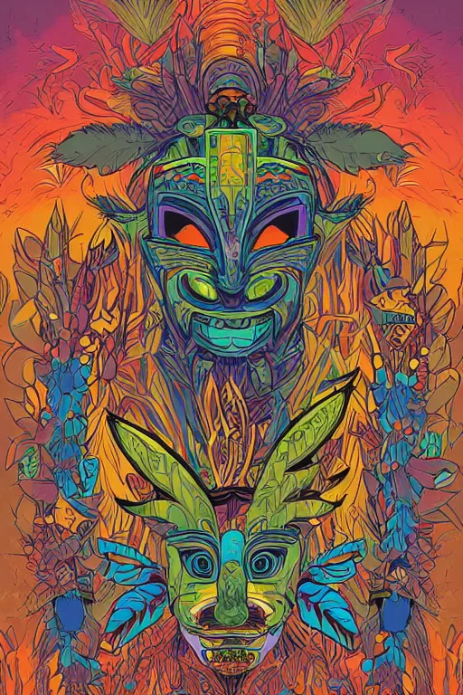 Image similar to animal mask totem roots flower tribal feather gemstone plant wood rock shaman vodoo video game vector cutout illustration vivid multicolor borderlands comics by josan gonzales and dan mumford radiating a glowing aura