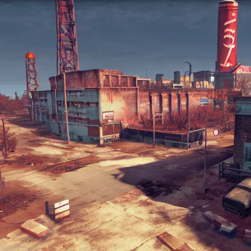 Image similar to nuka cola bottling plant, atlanta in ruins post - nuclear war in fallout 4, in game screenshot