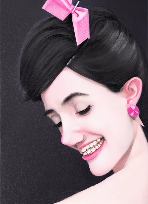 Image similar to portrait of high school girl, realistic, black hair, bangs, half updo hairstyle, pointy nose, skinny, smile, ugly, defined jawline, big chin, pink hair bow, earrings, intricate, elegant, glowing lights, highly detailed, digital painting, artstation, sharp focus, illustration, art by wlop, mars ravelo and greg rutkowski