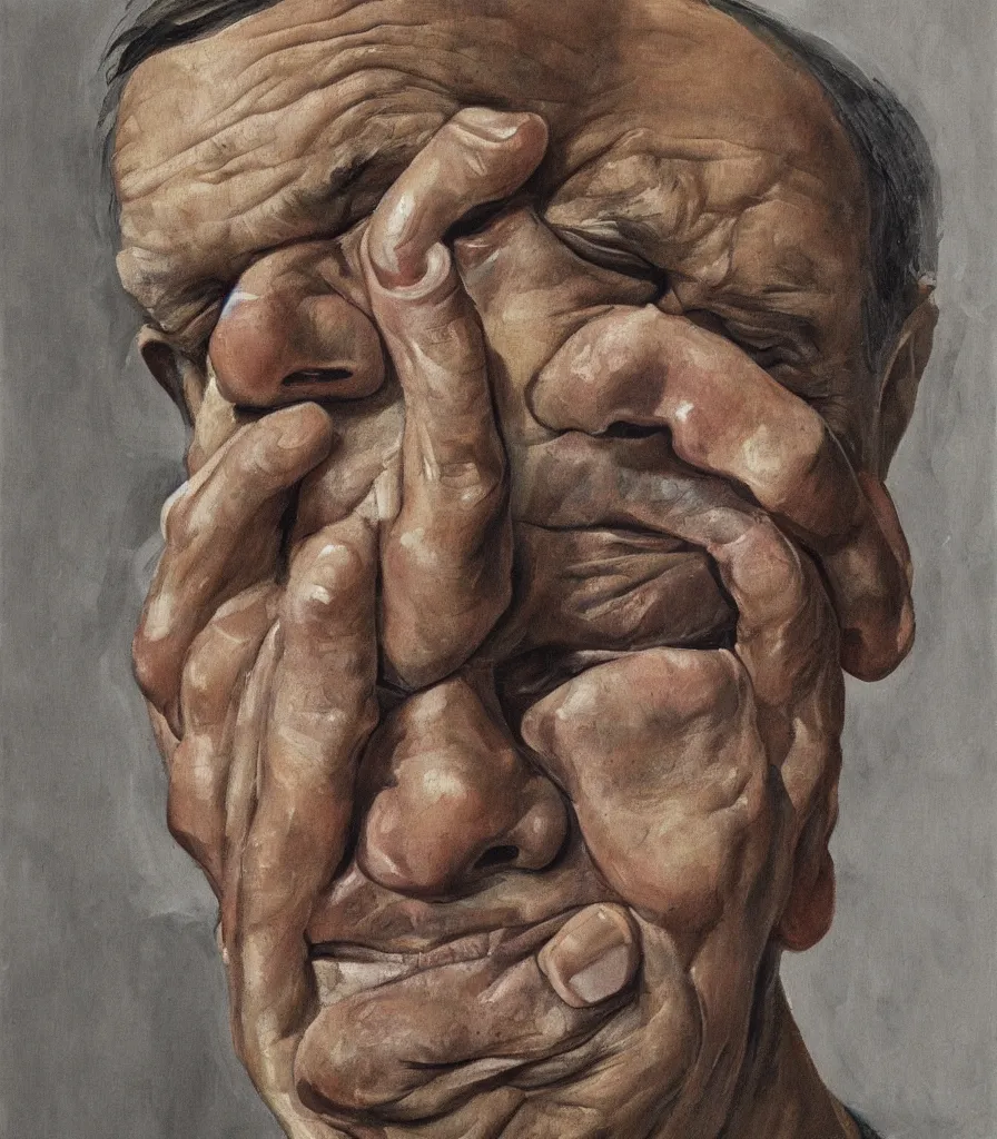 Prompt: portrait in the style of lucian freud. smoking a cigarette, mouth slightly open. face has many wrinkles, cuts and character. he is looking down. oil painting, thick brush strokes. hard, strong shadows. high contrast. clean gray brown background. lit by a single hard light from above their heads. perspective from below. 3 0 mm. hyperrealistic.