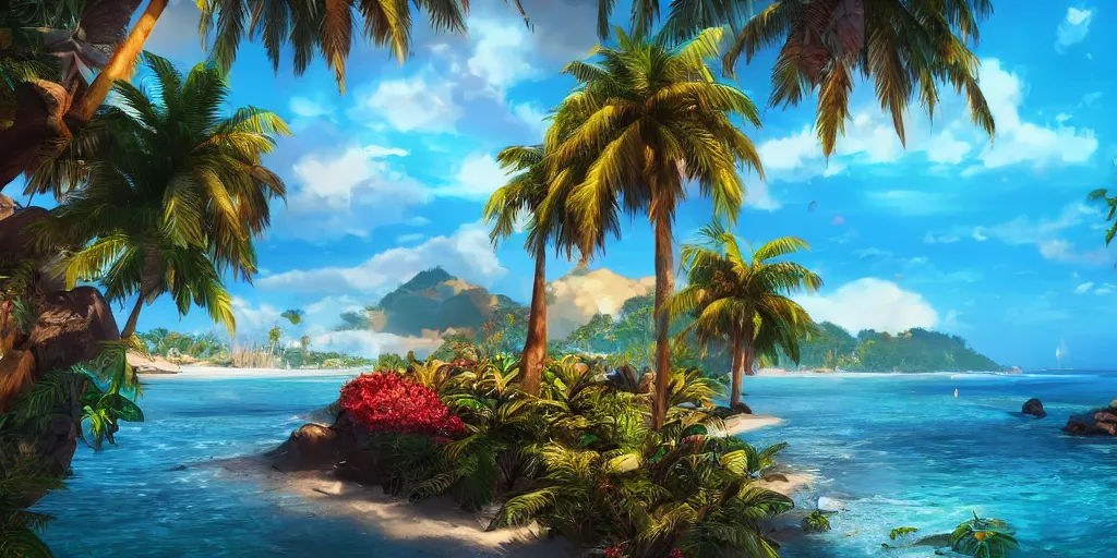 Prompt: the most beautiful tropical island, seashore, flowers, palmtrees, animals, bokeh, godrays, highly detailed, lowbrow, cinematic, artstation