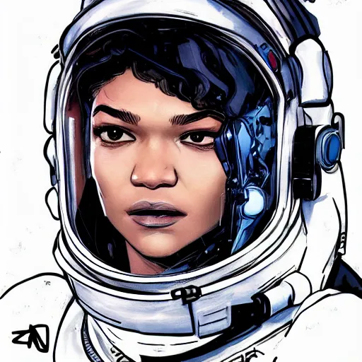 Image similar to portrait of Zendaya as an astronaut character in the style of Death Stranding by Yoji Shinkawa and Ashley Wood