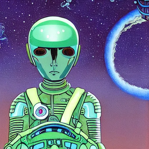 Image similar to a portrait of pilot alien symbiotic in spacesuit on field forrest spaceship station landing laying lake artillery outer worlds in FANTASTIC PLANET La planète sauvage animation by René Laloux