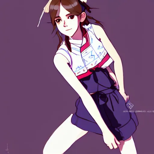 Image similar to a beautiful! boyish! emma watson alluring gravure! model, wearing japanese hiphop school girl outfit with mayan pattern and native style, aztec street fashion, botw style, gapmoe yandere grimdark, trending on pixiv fanbox, painted by greg rutkowski makoto shinkai takashi takeuchi studio ghibli, akihiko yoshida