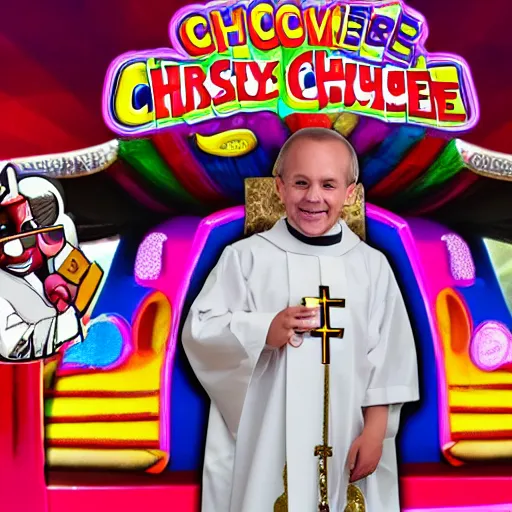 Prompt: Chuck E. Cheese as a priest in a church