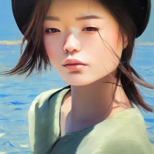 Image similar to oil painting by ilya kuvshinov,, baugh casey, artgerm craig mullins, coby whitmore, of a youthful japanese girl, long hair, fishing and wearing fisherman's outfit, fisherman's hat, highly detailed, breathtaking face, studio photography, noon, intense bounced light, water reflection, large tree casting shadow, serine intense sunlight