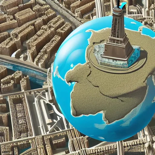 Image similar to a globe with the statue of liberty, the eiffel tower and other famous landmarks, 3 d render, isometric, 3 d art