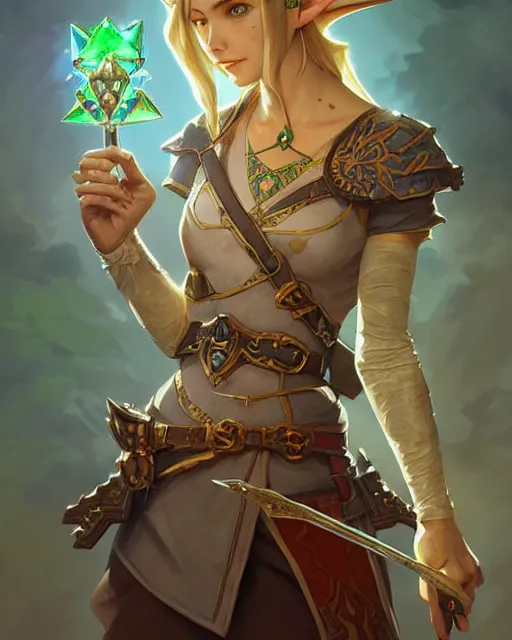 Image similar to legend of Zelda, D&D, fantasy, intricate, elegant, highly detailed, digital painting, artstation, concept art, matte, sharp focus, illustration, hearthstone, art by Artgerm and Greg Rutkowski and Alphonse Mucha