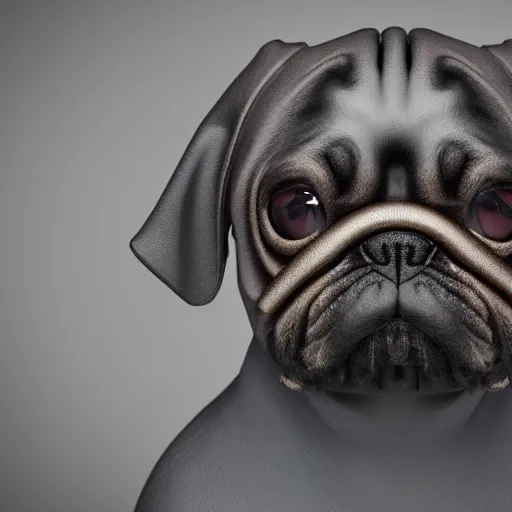 Image similar to 3 d rendered hyper realistic hyper detailed pug wearing a shiny leather gimp mask with zippers, octane render, blender, 8 k