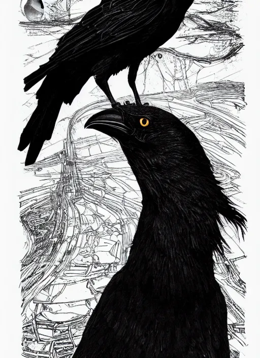 Image similar to portrait, A crow in front of the full big moon, book cover, red white and black colors, establishing shot, extremly high detail, foto realistic, cinematic lighting, pen and ink, intricate line drawings, by Yoshitaka Amano, Ruan Jia, Kentaro Miura, Artgerm, post processed, concept art, artstation, matte painting, style by eddie mendoza, raphael lacoste, alex ross