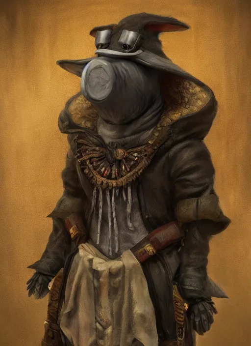 Image similar to detailed full body concept art illustration, dark soft focus, oil painting on canvas of an anthropomorphic capybara plague doctor in full intricate clothing, biomutant, dystopian, micro detail, octane render, 4K