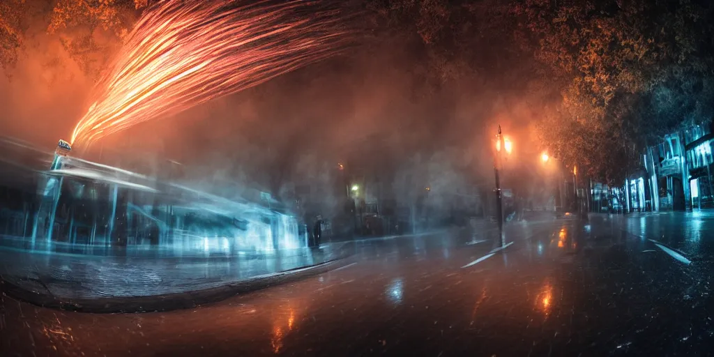 Prompt: fisheye slow motion with trail effect of futuristic break dancer with flowing long dark cloak and tongue of fires, long exposure shot , enigmatic, at night in the middle of a rainy street, paddle of water, steam, fog, water splashes, rim lights, glossy reflections, water droplets on lens, octane render, Volumetric Golden dappled dynamic lighting, dark and dramatic, detailed and soft,