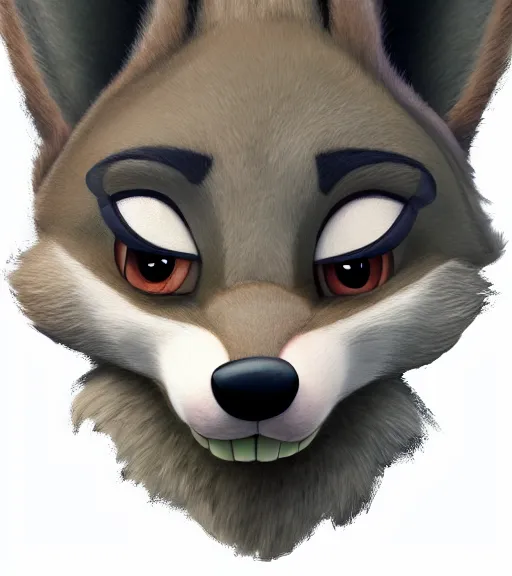 Image similar to digital drawing bust of anthromorphic female wolf, in style of zootopia, zootopia, zootopia, fursona, furry, furaffinity, 4 k, deviantart, furry art, fursona art, wearing black business suit, business suit, in style of zootopia, wolf fursona, cyberpunk, female, expressive detailed feminine face,