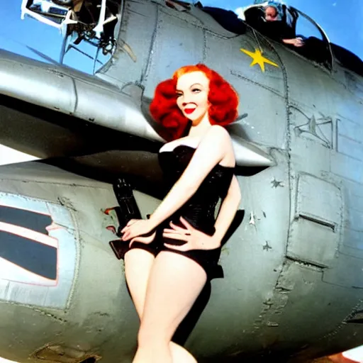 Image similar to Christina Hendricks as a pinup girl painted on the side of a B-25 bomber. Vintage color photograph, WWII, aircraft nose art