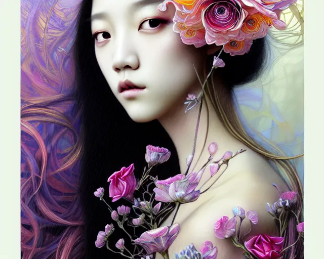 Image similar to jisoo from blackpink, portrait, rococo and art nouveau fusion, iridescent diaphanous refractive and reflective flower bouquet, tarot card, hyperrealistic, highly detailed, deep focus, intricate, elegant, digital painting, smooth, sharp focus, illustration, ultra realistic, 8 k, art by karol bak and agnes cecile