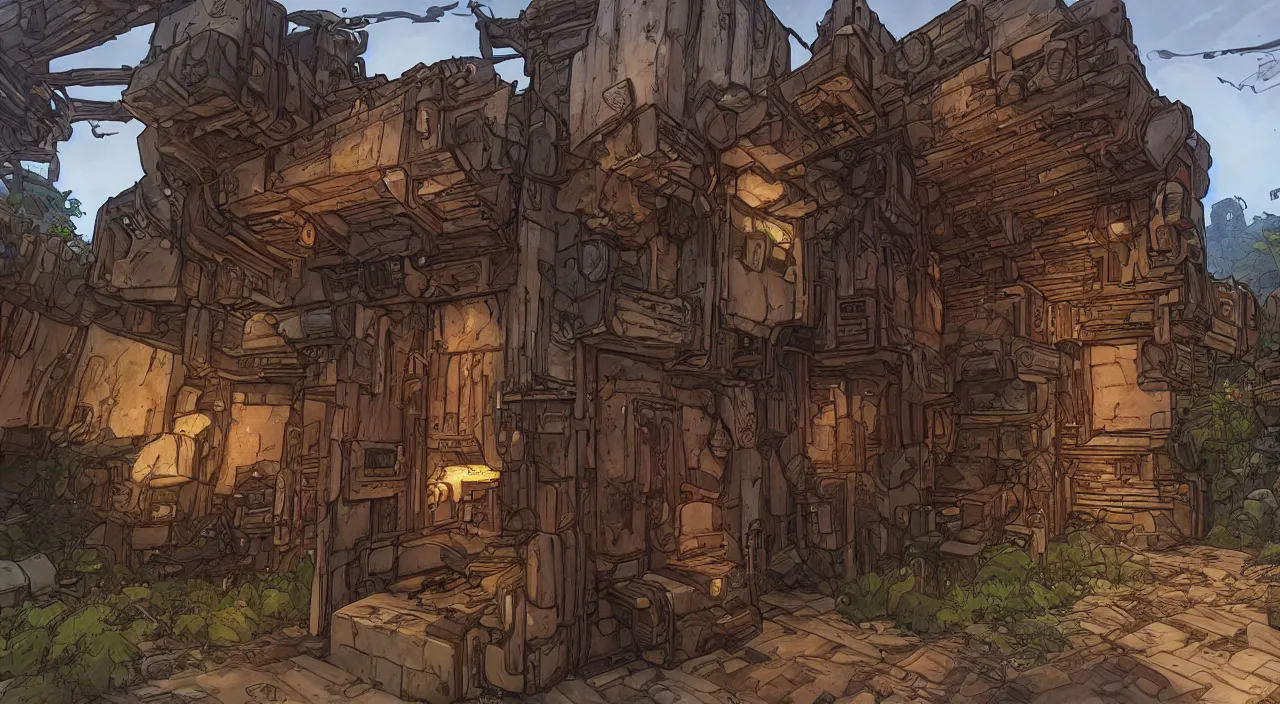 Image similar to wood wall fortress greeble block amazon jungle portal door unknow world global illumination ray tracing ambiant torch fornite that looks like it is from borderlands and by feng zhu and loish and laurie greasley, victo ngai, andreas rocha, john harris