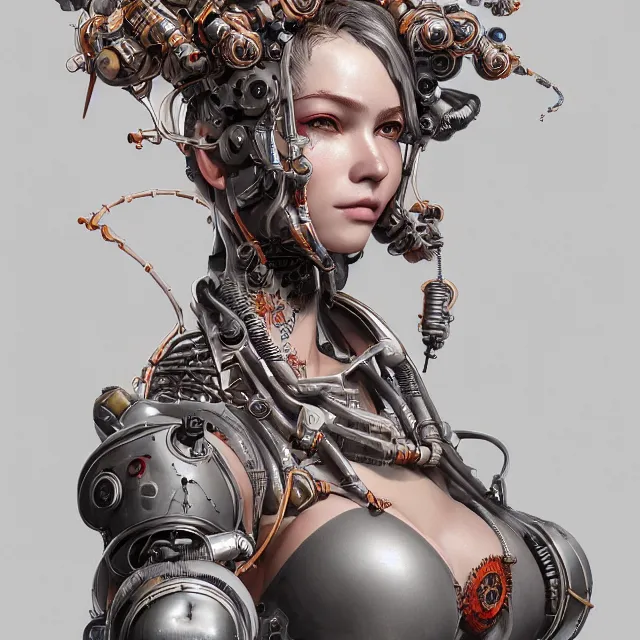 Prompt: the portrait of true neutral semi - colorful female cyborg mechanist as absurdly beautiful, gorgeous, elegant, young swimsuit model looking up, an ultrafine hyperdetailed illustration by kim jung gi, irakli nadar, intricate linework, detailed faces, octopath traveler, unreal engine highly rendered, global illumination, radiant light, detailed and intricate environment