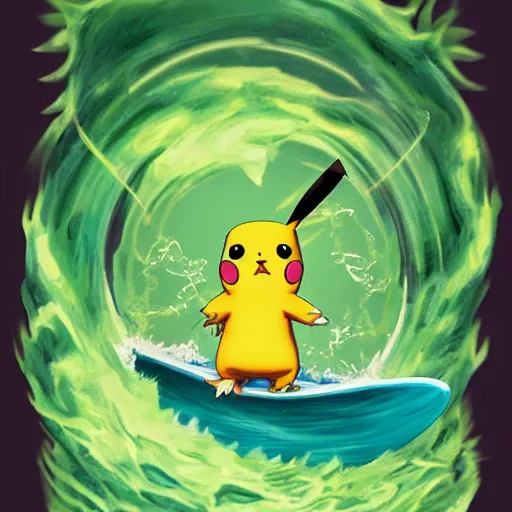 Image similar to pikachu surfing on a wave made of green slime, pokemon tcg image, trending on artstation