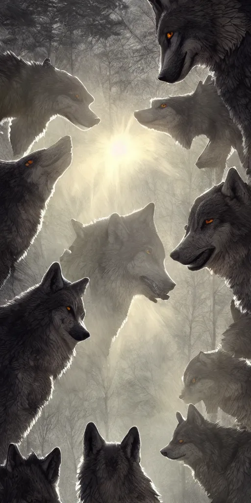 Image similar to a bunch of wolves stacked on top of each other, gloomy forest, zaba style, cinematic, sunbeams, detailed, hq, trending on artstation, dramatic lighting