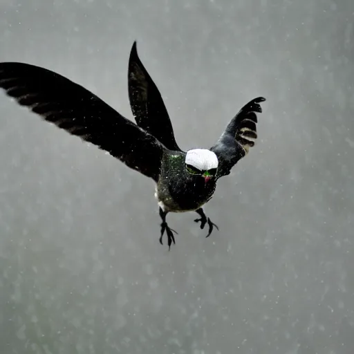 Prompt: gollum - faced bird flying in rain