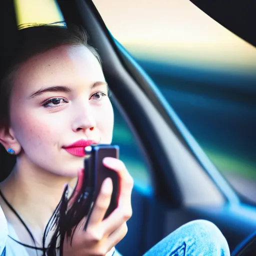 Prompt: a beautiful cute young woman takes a photo of herself, sitting in her car, flushed face, red blush, light freckles, big puffy lips, smiling softly, soft features, 8 k, sharp focus, instagram, portra 4 0 0