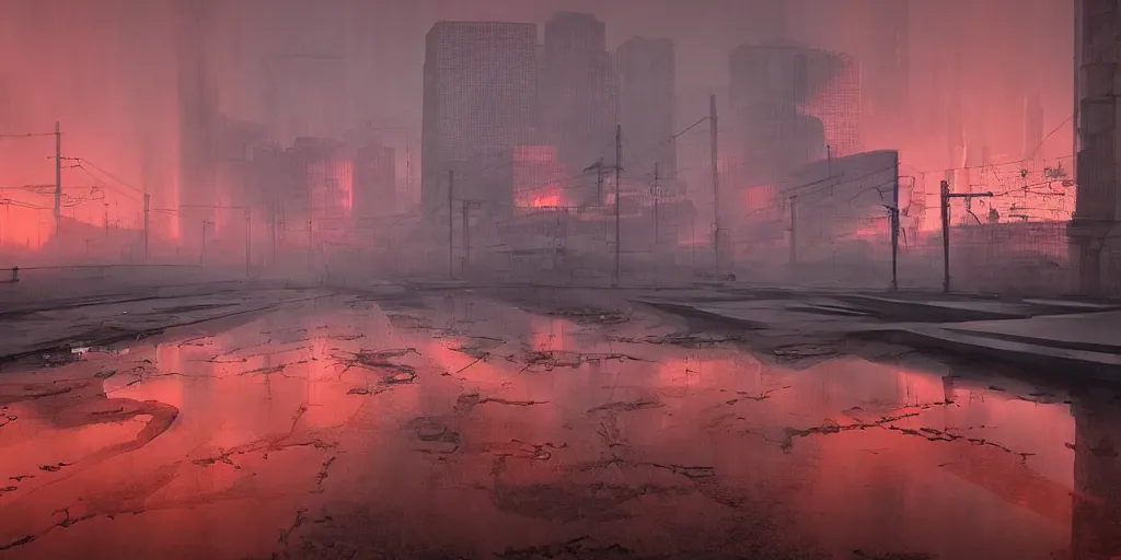 Image similar to soviet brutalims japan city view by eddie mendoza and greg rutkowsi, orange glow, puddles of water, sunset, trees, foggy, dark, moody, volumetric lighting, dirty