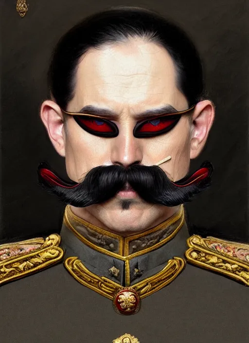 Image similar to portrait of supreme leader bald eye patch, moustache, royalty, extravagant, lord, full body, military uniform, fantasy, intricate, elegant, beautiful, highly detailed, charcoal, centered, dark, smokey, digital painting, artstation, concept art, art by artgerm and greg rutkowski and alphonse mucha