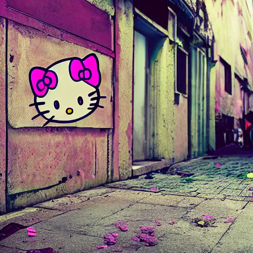 Image similar to photorealistic hello kitty walking towards camera in a littered dirty alley