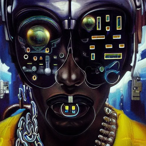 Image similar to a realistic oil painting of a black man as a cybernetic cyborg, surrealism portrait, surrealism album cover