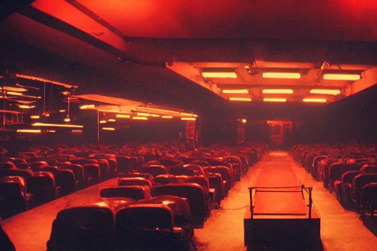 Image similar to view from the stage, back of an audience at the atmospheric and obscure, red neon light, by roger deakins, cinematography, syd mead
