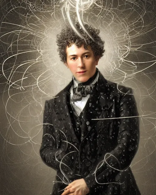 Prompt: a highly detailed portrait of poet Alexander Sergeyevich Pushkin as a devious male magician radiating a powerful energy aura, ornate back tuxedo, wispy tendrils of smoke, swirling vortex of energy, performance art, intricate, digital painting, old english, raining, sepia, particles floating, whimsical background by marc simonetti, art by artgerm and greg rutkowski and alphonse mucha