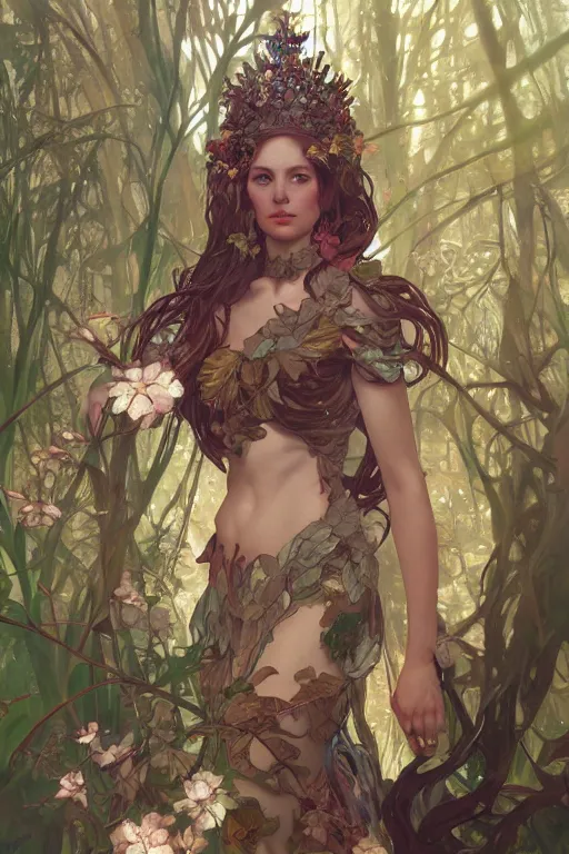 Image similar to full body portrait of forest queen akimbo highly detailed, digital painting, artstation, concept art, smooth and sharp focus, illustration, art by tian zi and wlop and alphonse mucha