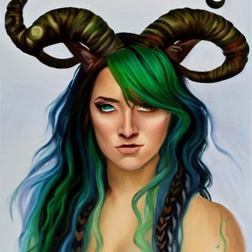 Prompt: a beautiful painting of Ashley Johnson as a satyr with green hair and ribbons, curly horns and goats eyes.