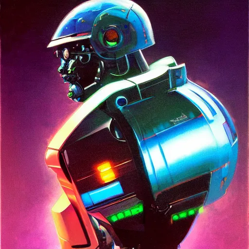 Image similar to a dark and colorful close - up side profile portrait of a sci - fi mecha robot with led lights glowing fog in the background. highly detailed science fiction painting by norman rockwell, frank frazetta, and syd mead. rich colors, high contrast, gloomy atmosphere, dark background. trending on artstation