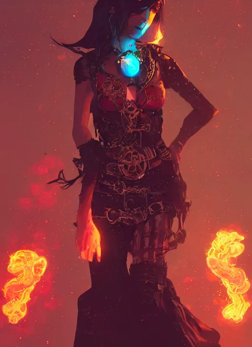 Image similar to a beautiful pyromancer princess, adorned with steampunk accessories, league of legends arcane, intricate, elegant, highly detailed, digital painting, artstation, concept art, smooth, sharp focus, cyberpunk synthwave, vaporwave, ethereal, misty, 8 k, by ruan jia and ilya kuvshinov