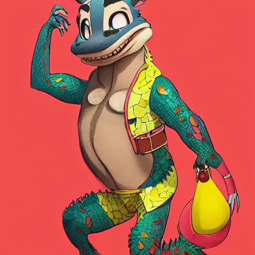 Image similar to in the style of artgerm, loish, anthropomorphic alligator, red scales on his back, yellow scale on his belly and chest, male, waring a hawaiian shirt, in the style of zootopia