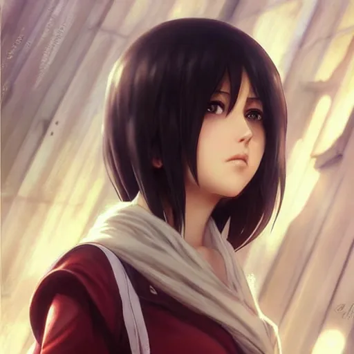 Image similar to mikasa ackerman, bokeh, beautiful face!!!!, 2 7 years old, cg animation, lifelike, animated, realistic, character select portrait, by artgerm, greg rutkowski, alphonse mucha, 3 d