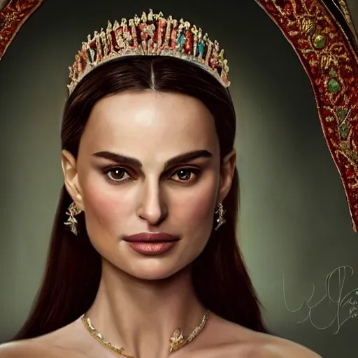 Prompt: a portrait of a woman who looks like a mix of natalie portman and margot robbie as an arabian princess in a disney movie, crown!! oil painting, pale colors, high detail, 8 k, wide angle, trending on artstation,