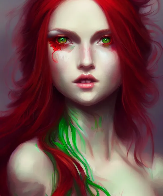 Image similar to Fae teenage girl, portrait, face, long red hair, green highlights, fantasy, intricate, elegant, highly detailed, digital painting, artstation, concept art, smooth, sharp focus, illustration