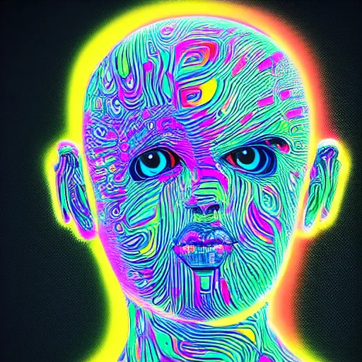 Image similar to fashion photo of a black tshirt with a hyperdetailed portrait of a futuristic trippy cute meditating robot, 8 k, symetrical, fluorescent colors, halluzinogenic, multicolored tshirt art,