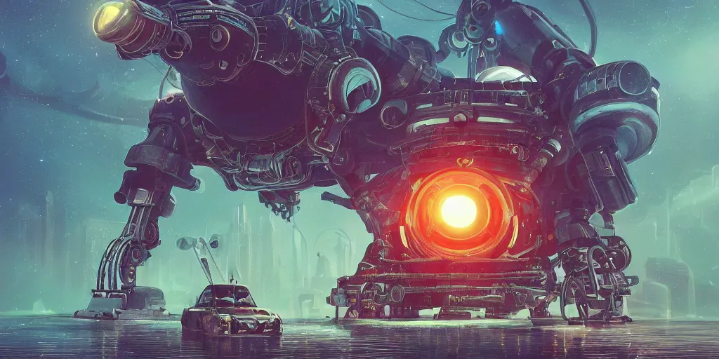 Prompt: huge mechanical creature robot in the middle, its big round eye facing the camera, the eye emits a radiating glowing aura, symmetrical, global illumination, ray tracing, underwater background, garage punk vibes, hdr, fanart, artstation, by ian pesty and alena aenami, artworks, 4 k