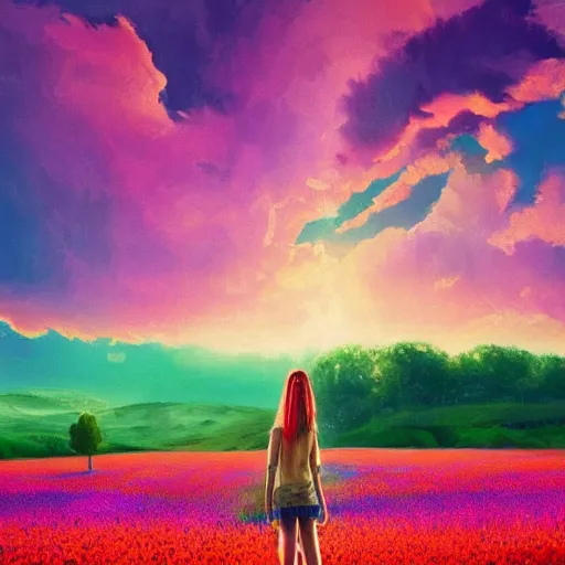 Image similar to giant gladiola flower as head, full body girl standing in a flower field, surreal photography, sunrise, dramatic light, impressionist painting, colorful clouds, digital painting, artstation, simon stalenhag